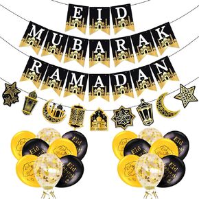 AhfuLife Eid Decorations, Preassembled Eid Mubarak Banners - Reusable Black and Golden Ramadan Decoration Star Moon Garland Decorations with 16 PCS Balloons for Home Party