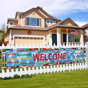 International Welcome Banner 120" x 20" World Flags Yard Sign Country Flags Banner Multicultural Backdrop Party Supplies for Indoor Outdoor Lawn,Fence, Home,Sports,Events,Bar Decorations