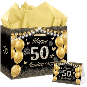 GOLDCROW 50th Anniversary Paper Gift Bag, Black Gold 50th Anniversary Party Gift Bag with Tissue Papers and Card 50th Wedding Anniversary Paper Gift Wrapping Bag for 50th Treat Bag