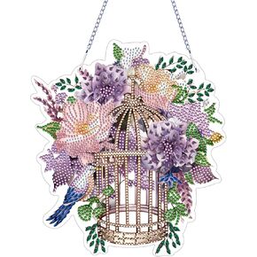 MEIEST Diamond Art Painting Hanging Pendant Kit,DIY Flower Birdcage Crystal Art Hanging Sign,Diamond Window Hanging Wreath Ornament for Home Decor and Gift (366)