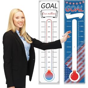 2 Pcs Goal Chart Fundraising Thermometer - Goal Setter Board Goal Tracker Giant Goal Chart - Goal Tracker Dry Erase Goal Setting Wall Mounted Thermometer with 8 Small Magnetic Blocks, 39 * 10 inches