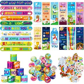 Frienda 170 PCS عيد الفصح الهدايا الدينية الحزب المسيحي تفضل الأطفال بآية الكتاب المقدس أساور صفعة يسوع أحبك المرجعية الملصقات الدينية دبابيس ألوان لجوائز الفصول الدراسية يوم الأحد in Kuwait