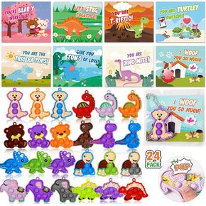 Valentines Day Cards for Kids, 24 Pack Pop Fidget Toys Keychains for Kids with Valentines Day Cards for Valentine School Party Favors for Kids Boys Girls, Kids Exchange Valentines Day Gifts