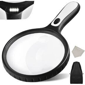 Magnifying Glass with Light, 4.92 Inch Large Magnifier, 2X 5X Handheld Illuminated Lighted Magnifier with 4 Bright LED Lights, Storage Bag, Clean Cloth for Seniors Reading, Kids Exploring, Map (Black)