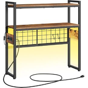 HOOBRO Desktop Bookcase, 2-Tier Office Desktop Organizer, 29.9" Wooden Office Storage Rack with Outlets, Display Shelf Rack with Light Strip, Desk Hutch for Office, Rustic Brown BF11UDSJ01