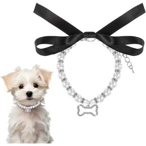Dog Cat Pearls Necklace Collar, Pearl Dog Collar with Bling Accessories and Ribbon Bow Elegant Pearl Necklace Collar Pet Puppy Necklace Jewelry for Small Medium Female Dogs Cats Wedding Birthday Party
