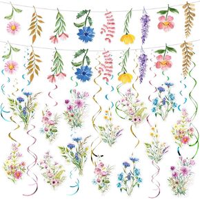 Clabby 21 Pcs Flower Hanging Swirl Decoration Wildflower Banner Garland Floral Hanging Ceiling Swirls Flower Garland Banners for Spring Birthday Wedding Party Supplies