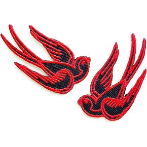 TH Set of 2 Tiny. Mini Black Red Little Bird Tattoo Swallow Dove Sparrow Cute Cartoon1 Logo Patches Sew Iron on Embroidered Applique Badge Sign Patch Clothing Costume