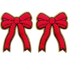 2Pcs Bow Chenille Iron on Patches Gold Edges Sweatshirts Side Bow Embroidered Patch Cute Applique DIY Decorative Accessories for Clothes Backpacks Jackets Hats Rose Pink