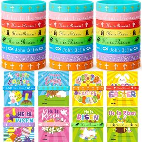 48 Sets He Is Risen Bracelets with Easter Greeting Cards Christian Cross Silicone Wristbands Bulk Decorations Easter Religious Rubber Bracelet Gifts for Party Egg Fillers Favors