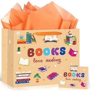 Book Gift Bag Reading Book Club Party Decorations Large Book Lovers Gift Bag with Wrapping Paper and Card Book Christmas Wrapping Paper Bag Library Book Party Supplies Readers Birthday Party Favors