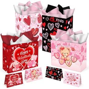 Aviski 4 Pack Valentines Day Gift Bags, 13 x 10.2 x 4.9 in, with Cards and Tissue Paper, Happy Valentines Day Paper Bags for Party Favor