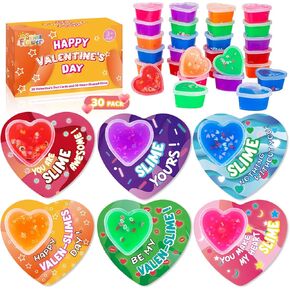 SpringFlower Valentines Day Cards for Kids- 30 Set of Heart Shape Slime Toys and Cards Bulk for Valentine Exchange Gifts, Valentines Party Favors for Kids, School Classroom Valentine's Prizes