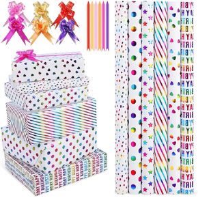 xunhewi Birthday Wrapping Paper Roll - Iridescent Gift Wrapping Paper 6 Rolls - 17 inch x 120 inch Mini Roll Gold Foil Design 6 Pack Bows for Gift Wapping for Birthday, Party, Holiday