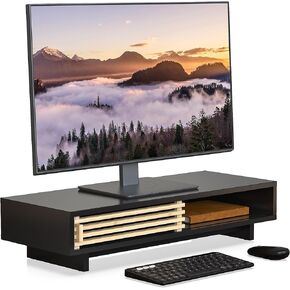 Monitor Stand Riser with Sliding Door, Desk Shelf with Storage (Natural Bamboo, 38 Inch)