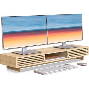 Monitor Stand Riser with Sliding Door, Desk Shelf with Storage (Natural Bamboo, 38 Inch)