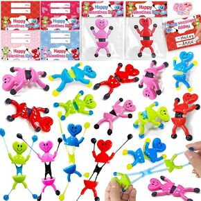 AMENON 28 Pack Valentines Gifts for Kids Prefilled Heart Shape Sticky Toys Wall Climbing Men with Cards Classroom School Exchange Valentines Party Favor Boys Girls Prizes Goodie Bags