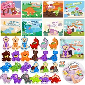 Letapapa Valentine‘s Day Cards for Kids Classroom, 24 Packs Valentines Cards with Pop Animal Keychains, Valentines Exchange Cards Gifts for Boys Girls School Classroom Prizes, Valentine Party Favor
