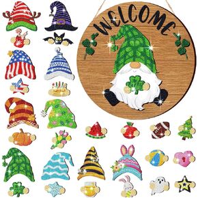 Yalikop 29 Pcs Magnetic Diamond Painting Gnome Interchangeable Diamond Painting Kits Interchangeable Art Welcome Sign Hanging Holiday Seasonal Home Sign for Front Door Wall Decoration