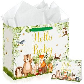 Baby Shower Paper Bag Hello Baby Large Gift Bag Woodland Animals Sage Green Baby Girl Boy Wrapping Paper with Tissue Paper Card for Baby Shower Birthday Gender Reveal Party Favors Decorations Supplies
