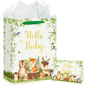 Baby Shower Paper Bag Hello Baby Large Gift Bag Woodland Animals Sage Green Baby Girl Boy Wrapping Paper with Tissue Paper Card for Baby Shower Birthday Gender Reveal Party Favors Decorations Supplies in Kuwait
