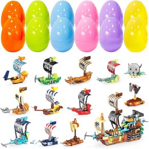 12 Pack Easter Plastic Eggs with Pirate Ship Building Blocks for Easter Theme Party Favors, Supplies for Easter Egg Hunt, Basket Stuffers/Fillers, Classroom Prize Supplies Toddler Boys Girls