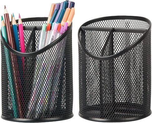 2 Pack Pen Holder Pen Organizer for Desk Mesh Round Pencil Holder Desktop Organizer 3 Compartments Pencil Organizer Desk Organizer for Office Home School, Black in Saudi Arabia