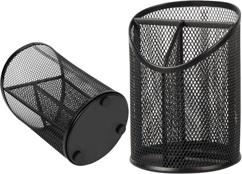 2 Pack Pen Holder Pen Organizer for Desk Mesh Round Pencil Holder Desktop Organizer 3 Compartments Pencil Organizer Desk Organizer for Office Home School, Black in Saudi Arabia