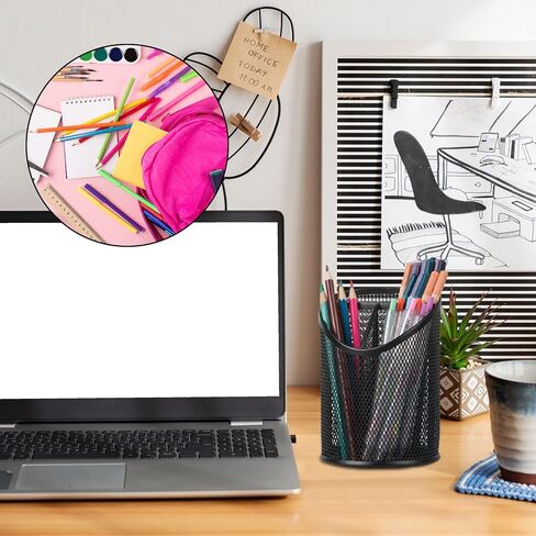 2 Pack Pen Holder Pen Organizer for Desk Mesh Round Pencil Holder Desktop Organizer 3 Compartments Pencil Organizer Desk Organizer for Office Home School, Black in Saudi Arabia