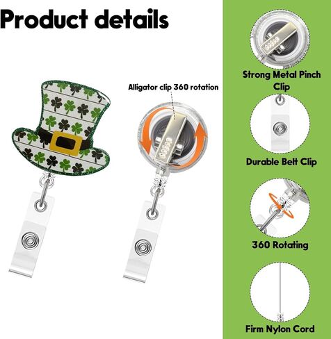 St. Patrick's Day Badge Reel,Green Four Leaf Clover Acrylic Badge for ID Card Badge,Telescoping Retractable Badge Holder Alligator Clip Accessories for Nurse,Medical Worker,Nursing Student,Teacher in Saudi Arabia