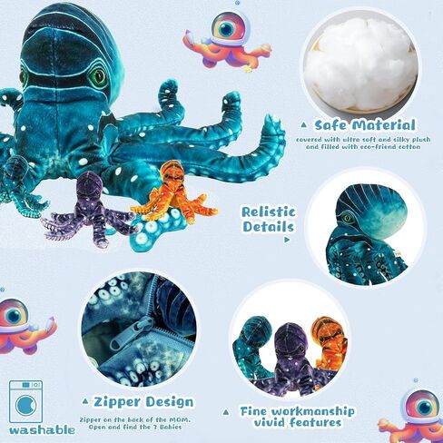 Octopus Stuffed Animal, 11''Marine Printed Octopus Plush Toys with 3 Baby, Soft Washable Toy Stuffed Marine Animal for Home Decor, Idea Gift for Kids Boys Girls Christmas Birthday Gifts (Blue) in Saudi Arabia