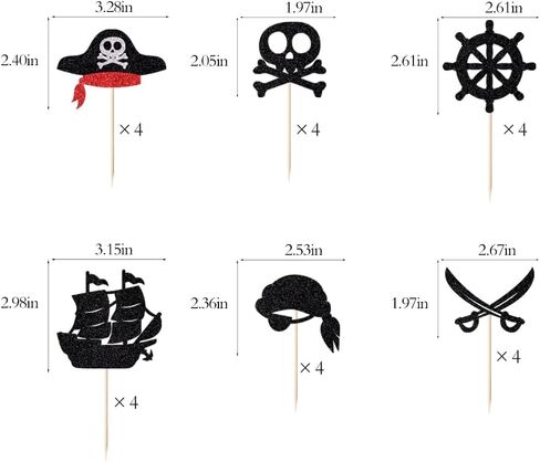 Clyberoy 24 Pack Pirate Cupcake Toppers - Glitter Compass و Skull و Pirate Ship و Ship Anchor Ricks لزينة كعكة الحفلات in Kuwait