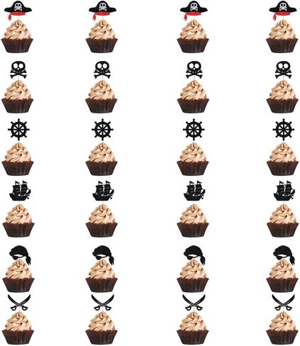 Clyberoy 24 Pack Pirate Cupcake Toppers - Glitter Compass و Skull و Pirate Ship و Ship Anchor Ricks لزينة كعكة الحفلات in Kuwait