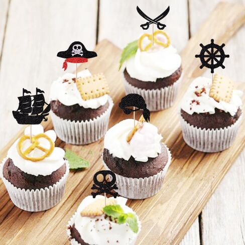 Clyberoy 24 Pack Pirate Cupcake Toppers - Glitter Compass و Skull و Pirate Ship و Ship Anchor Ricks لزينة كعكة الحفلات in Kuwait