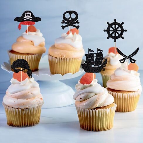 Clyberoy 24 Pack Pirate Cupcake Toppers - Glitter Compass و Skull و Pirate Ship و Ship Anchor Ricks لزينة كعكة الحفلات in Kuwait