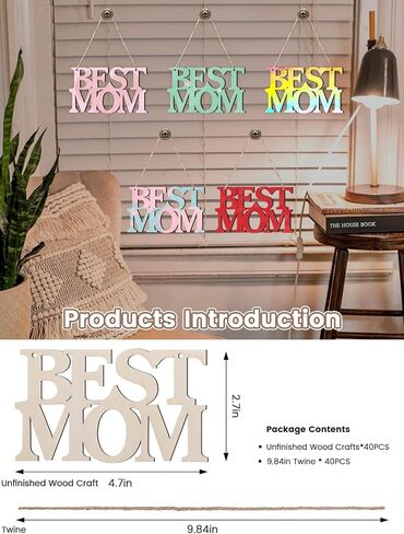 40PCS Mother's Day Unfinished Wood Crafts Best MOM Cutouts, Mothers Day Wood Crafts for Kids Mothers Day Tags Wooden Letters, Mom's Birthday Party Ornaments Happy Mother’s Day Gifts in Kuwait