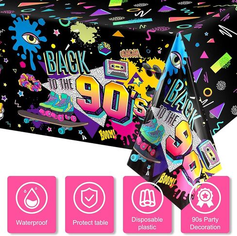 TEGEME 3 PCS 90S Party Party Table Cover to the 90 tablecloth التسعينات من القرن الماضي زخرفة حفلة عيد ميلاد التاسعيني in Kuwait