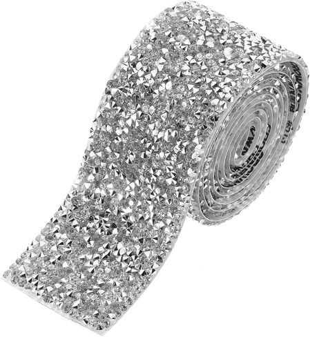 MECCANIXITY Rhinestone Ribbon, 1.6 Inch 1 Yards Crystal Rhinestone Ribbon Trim Self Adhesive Glitter Tape Roll Bling for Crafting, Silver in Kuwait