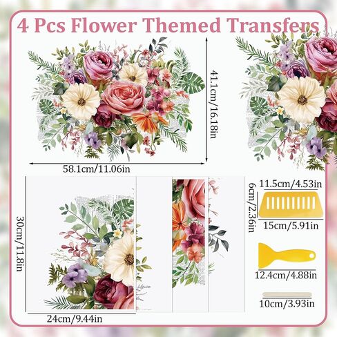Wandic 4 Sheets Flower Rup on Transfer Transfer ، ملصقات زهرة ملونة نقل شارات لألبوم صور DIY Scrapbooking Photo Furniture ، 9.45 * 11.8in in Kuwait