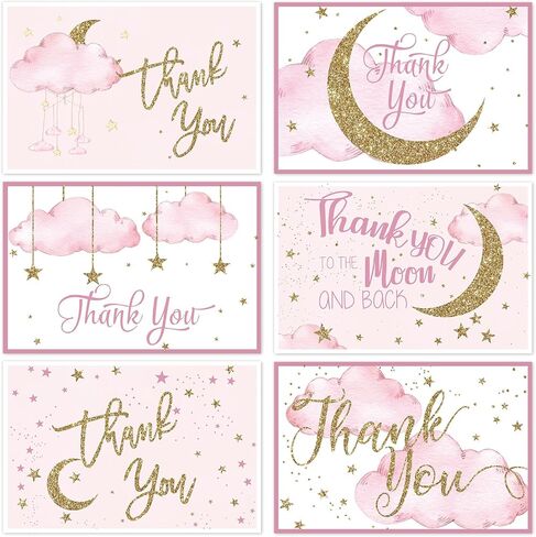Whaline 36 Pack Pink Baby Shower Thank You Cards with Envelopes Matching Seal Stickers Glitter Starry Twinkle Moon Blank Note Cards for Birthday Supplies in Kuwait