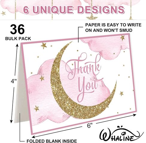 Whaline 36 Pack Pink Baby Shower Thank You Cards with Envelopes Matching Seal Stickers Glitter Starry Twinkle Moon Blank Note Cards for Birthday Supplies in Kuwait