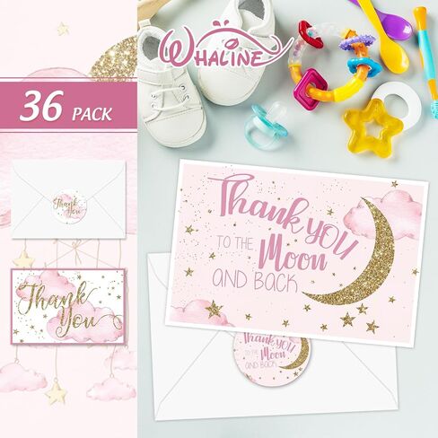 Whaline 36 Pack Pink Baby Shower Thank You Cards with Envelopes Matching Seal Stickers Glitter Starry Twinkle Moon Blank Note Cards for Birthday Supplies in Kuwait