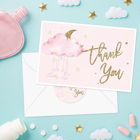 Whaline 36 Pack Pink Baby Shower Thank You Cards with Envelopes Matching Seal Stickers Glitter Starry Twinkle Moon Blank Note Cards for Birthday Supplies in Kuwait