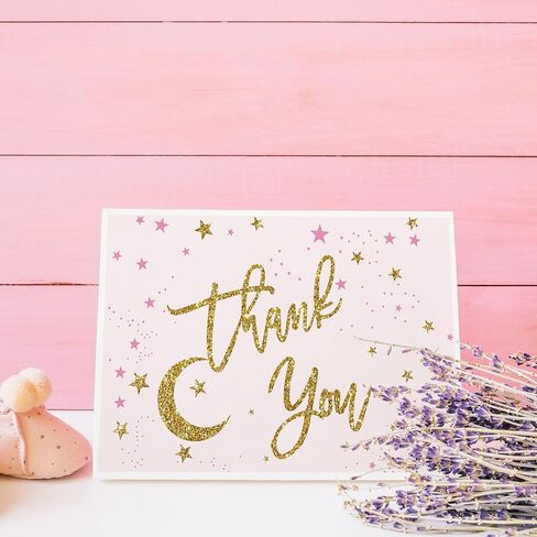 Whaline 36 Pack Pink Baby Shower Thank You Cards with Envelopes Matching Seal Stickers Glitter Starry Twinkle Moon Blank Note Cards for Birthday Supplies in Kuwait