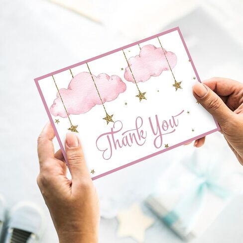 Whaline 36 Pack Pink Baby Shower Thank You Cards with Envelopes Matching Seal Stickers Glitter Starry Twinkle Moon Blank Note Cards for Birthday Supplies in Kuwait