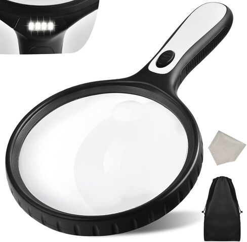 Magnifying Glass with Light, 4.92 Inch Large Magnifier, 2X 5X Handheld Illuminated Lighted Magnifier with 4 Bright LED Lights, Storage Bag, Clean Cloth for Seniors Reading, Kids Exploring, Map (Black) in Saudi Arabia