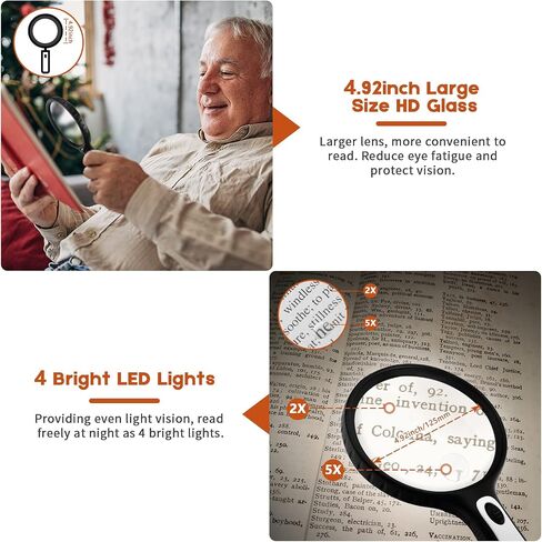 Magnifying Glass with Light, 4.92 Inch Large Magnifier, 2X 5X Handheld Illuminated Lighted Magnifier with 4 Bright LED Lights, Storage Bag, Clean Cloth for Seniors Reading, Kids Exploring, Map (Black) in Saudi Arabia