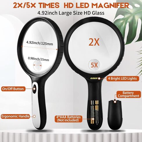 Magnifying Glass with Light, 4.92 Inch Large Magnifier, 2X 5X Handheld Illuminated Lighted Magnifier with 4 Bright LED Lights, Storage Bag, Clean Cloth for Seniors Reading, Kids Exploring, Map (Black) in Saudi Arabia