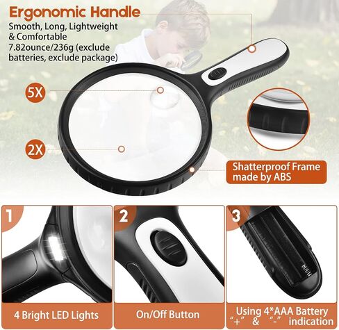 Magnifying Glass with Light, 4.92 Inch Large Magnifier, 2X 5X Handheld Illuminated Lighted Magnifier with 4 Bright LED Lights, Storage Bag, Clean Cloth for Seniors Reading, Kids Exploring, Map (Black) in Saudi Arabia