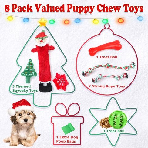 Christmas Dog Toys 8 Pack, Santa Squeaky Plush Chew Toys for Puppy, Durable Interactive Rope Toys for Teething, Treating Ball and Bone Rubber Toys for Small Dogs in Saudi Arabia